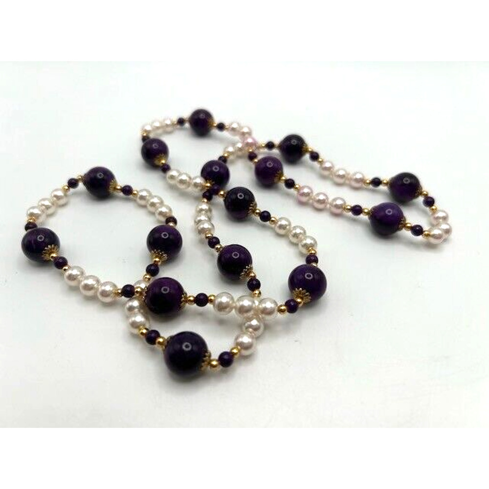 Amethyst? Purple Beaded Faux Pearl Necklace Gold Tone 30" Long